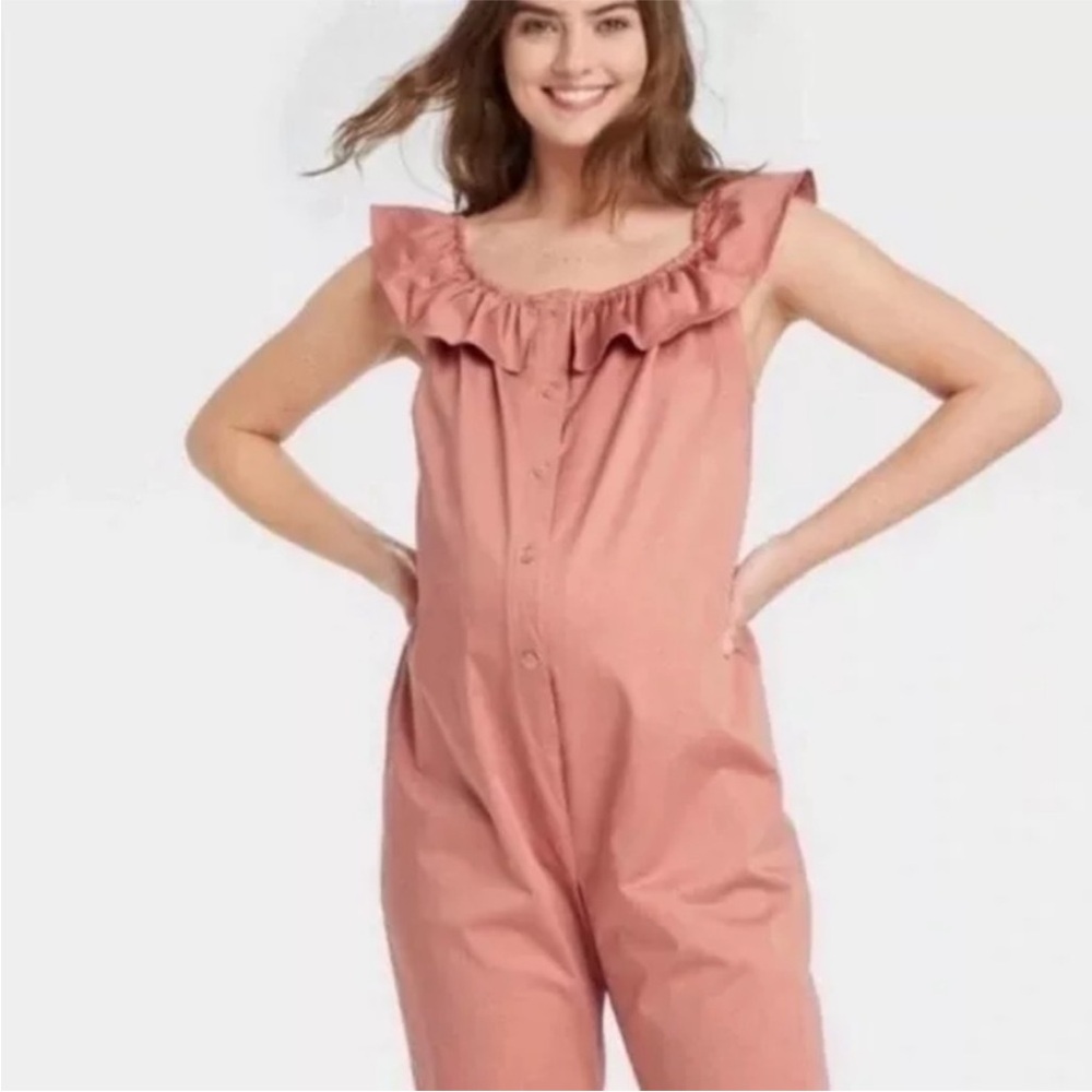 The Nines by Hatch Pink Ruffled Maternity Jumpsuit